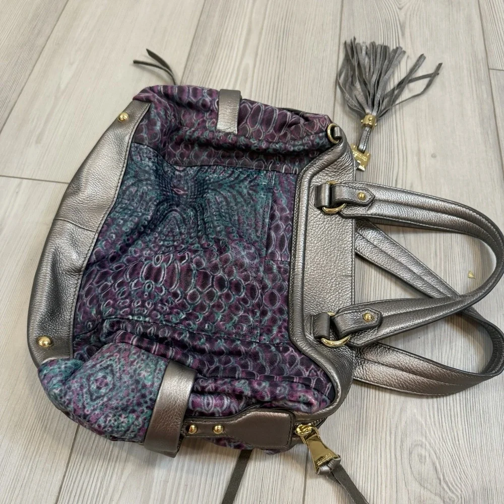 Aimee Kestenberg Animal Print Purple Blue Shoulder Hobo Bag Purse‎ Tassel Silver